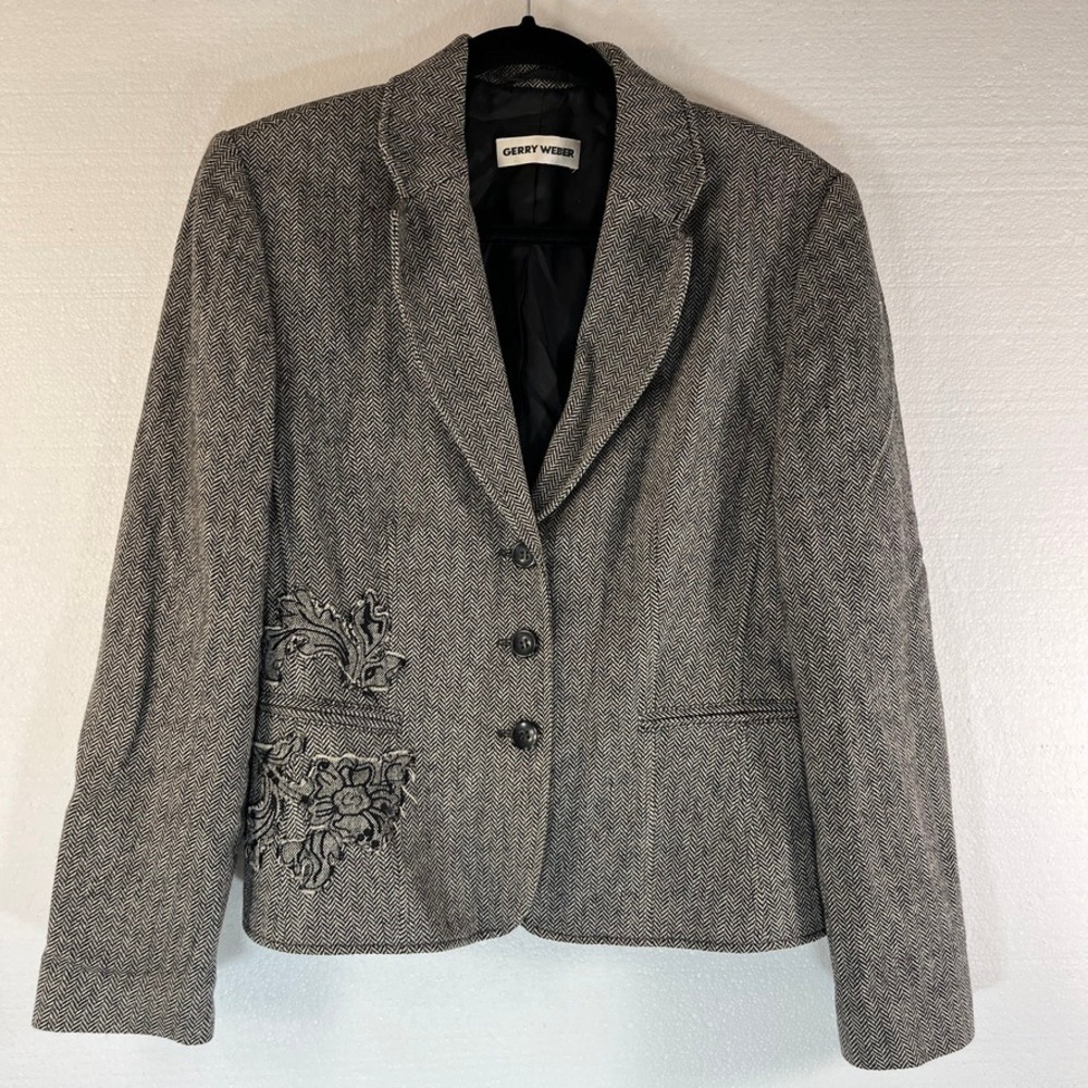 Gerry Weber Womens Herringbone Tweed Blazer Size 8‎ Embroidered Detail